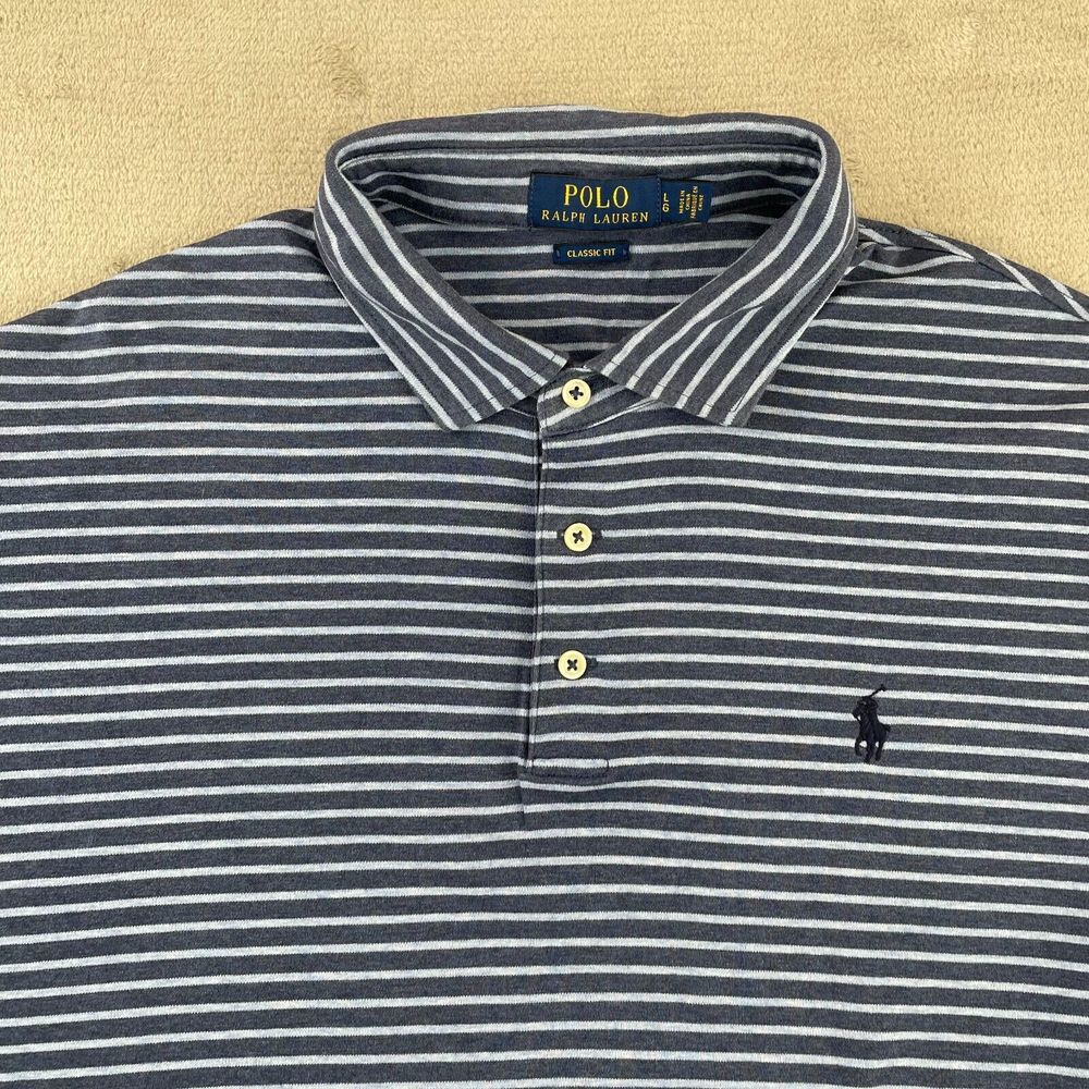 Polo Ralph Lauren Shirt‎ Men Large Blue Striped Classic Fit Short Sleeve Pony